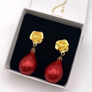 Boucles d'oreilles fleur et perle goutte rouge