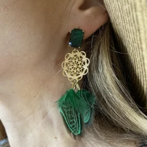 Boucles d'oreilles plume verte pendante